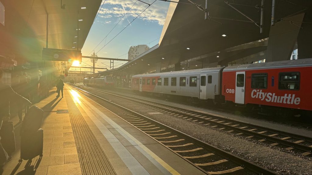 Early morning at a Vienna train station platform.